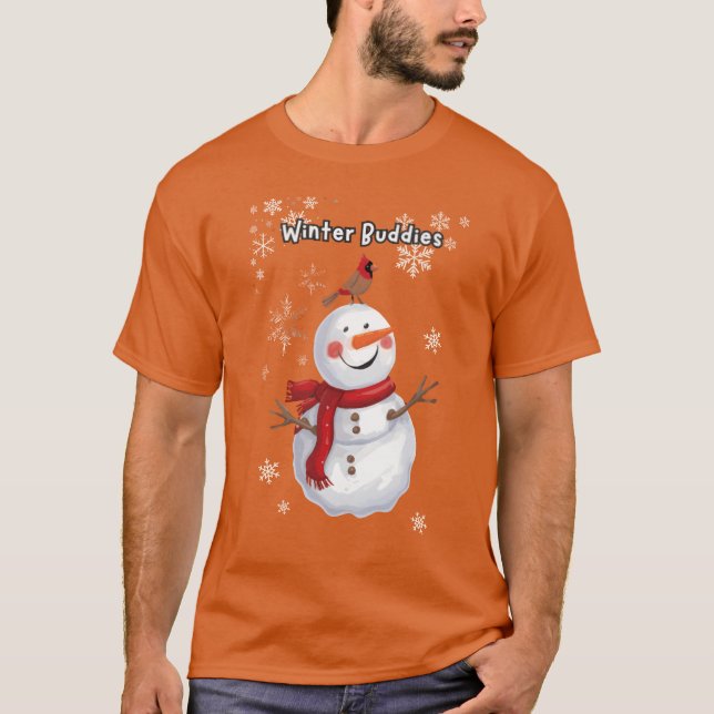 Camiseta Boneco de neve e presente de pássaros do Winter Bu (Frente)