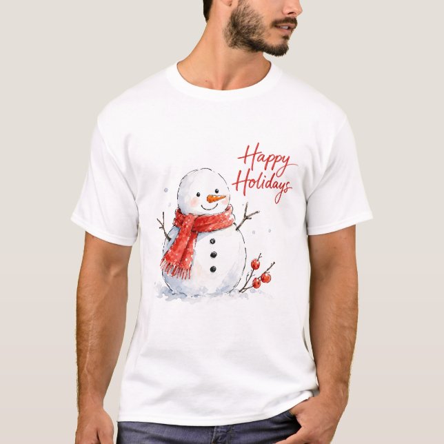Camiseta Boneco de Neve em Aquarela com Cachecol Vermelho (Frente)
