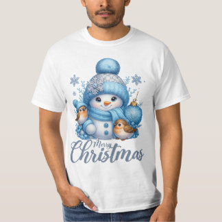 Camiseta Boneco de Neve Fofo e Pássaros de Inverno Natal