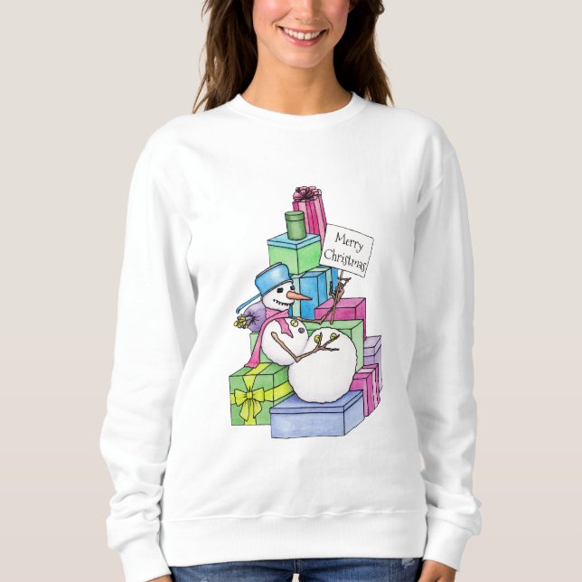 Camiseta Boneco de neve relaxando em presentes (Frente)