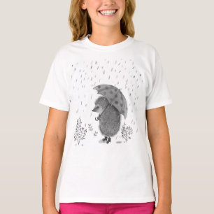 Camiseta Bonita Aquarela Hedgehog Rainy Day Garota Branca