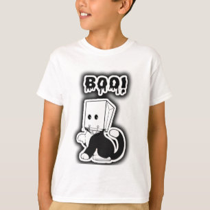Camiseta Bonita "Boo"! Gato Preto com Máscara de Saco de Pa