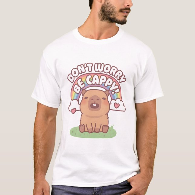 Camiseta Bonita Capybara com Arco-Íris Não se preocupe em s (Frente)