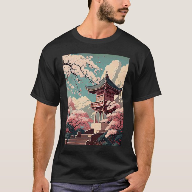 Camiseta Bonita cereja Sakura floresce santuário japonês (Frente)