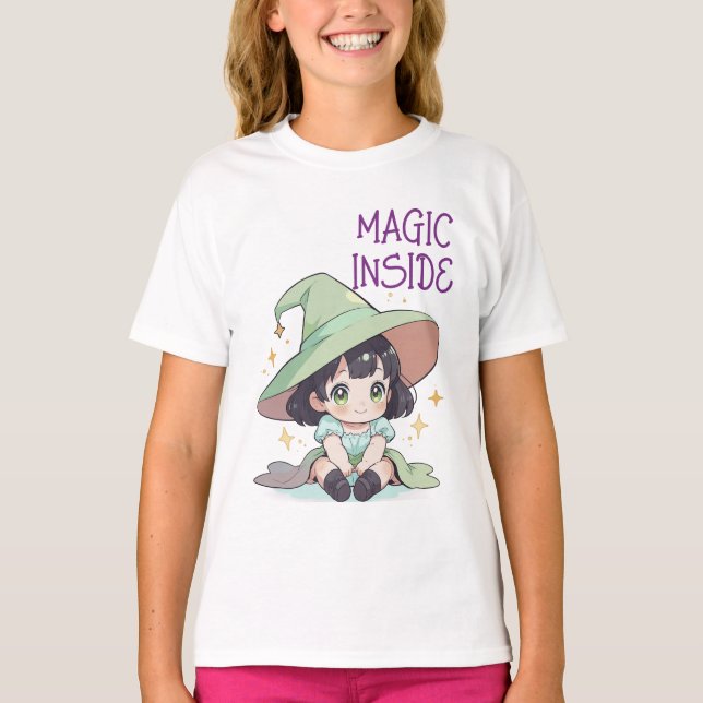 Camiseta Bonita Design de Bruxas de Bebê Kawaii para Crianç (Frente)