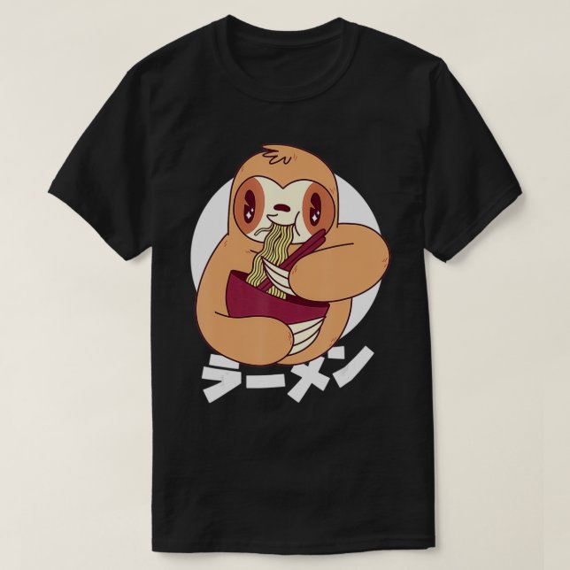 Camiseta Bonita Engraçada Kawaii Sloth Comendo Ramen Noodle (Frente do Design)