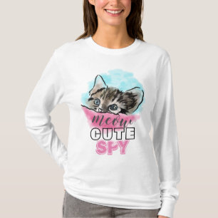 Camiseta "BONITA ESPIÃO" Gatinho Engraçado, Rosa Azul