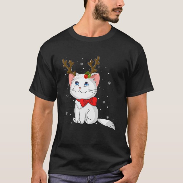 Camiseta Bonita Garota Gato Reindee Natal Gatinho Custo do  (Frente)