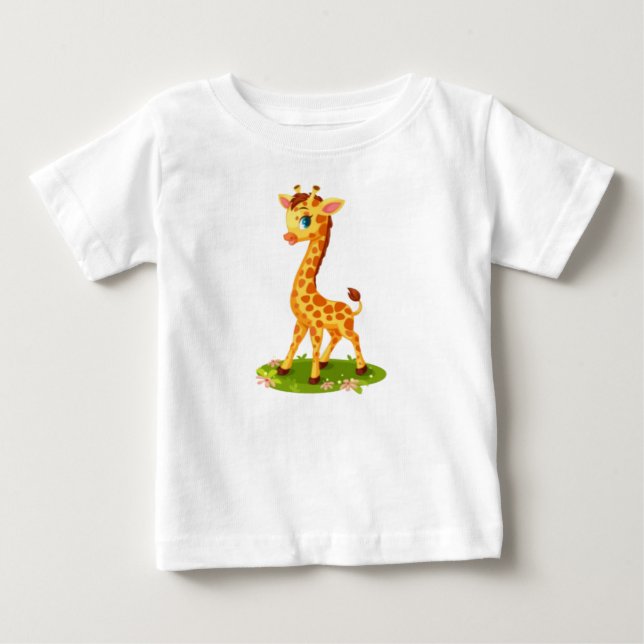 Camiseta Bonita Girafa de Bebê em Cartoon de Grass (Frente)