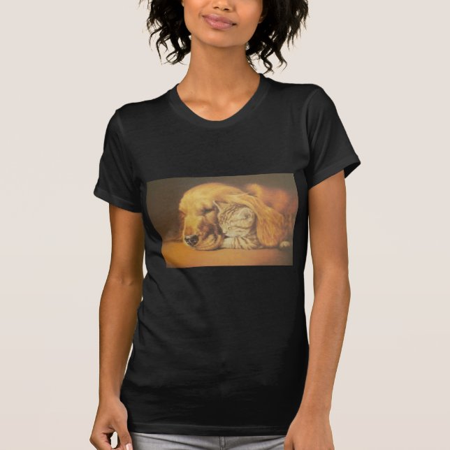 Camiseta Bonita Impressão de Arte de Cachorro e Gato Incrív (Frente)