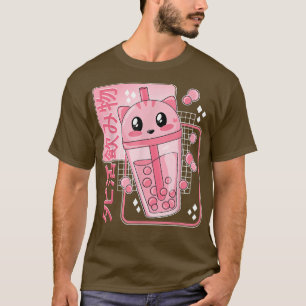 Camiseta Bonita Kawaii Boba Tea Cat Bubble Tea Anime Japonê