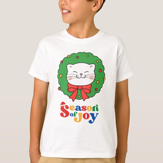 Camiseta Bonita Kawaii Cat Wreath Season of Joy (Frente)