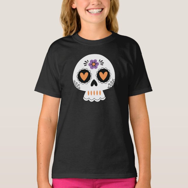 Camiseta Bonita Meninas de Açúcar Crânio do Halloween (Frente)