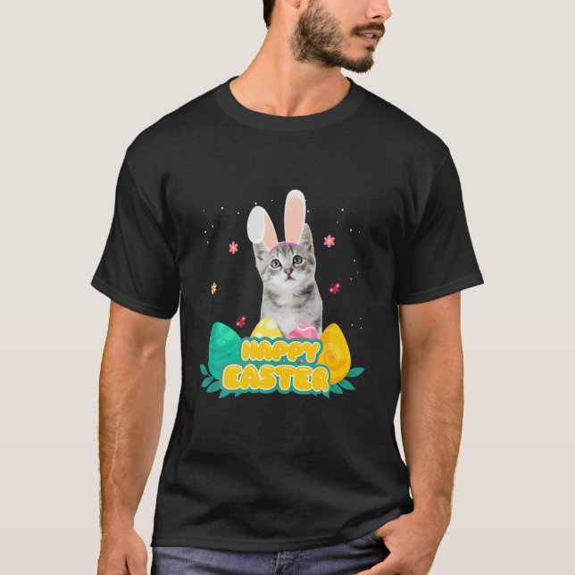 Camiseta Bonita Páscoa Dia de Gato Ovos Coelhinhos Figurino (Frente)