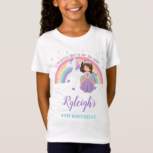 Camiseta Bonita Princesa e Unicórnio Arco-Íris, Aniversário (Frente)