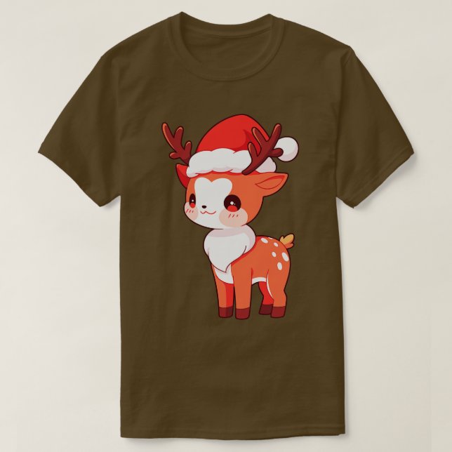 Camiseta Bonita Reindeer de Natal Kawaii em Santa Hat (Frente do Design)