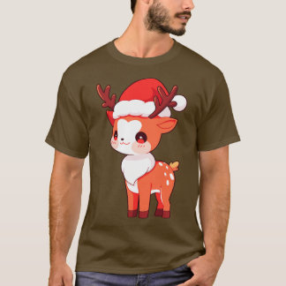Camiseta Bonita Reindeer de Natal Kawaii em Santa Hat