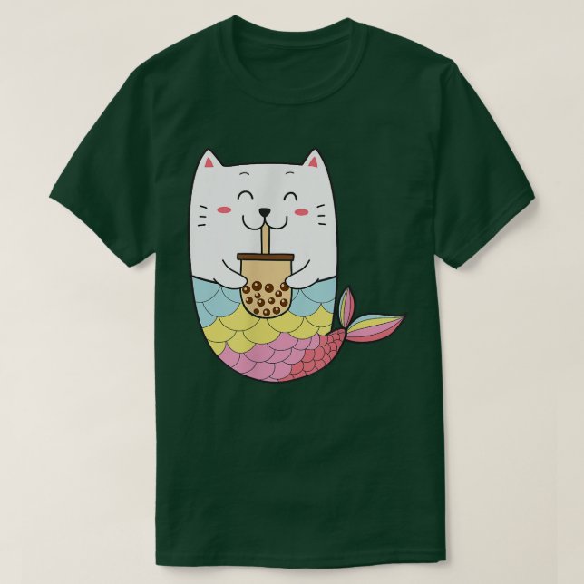 Camiseta Bonita Sereia Kawaii Cat Boba Bubble milk Tea Anim (Frente do Design)