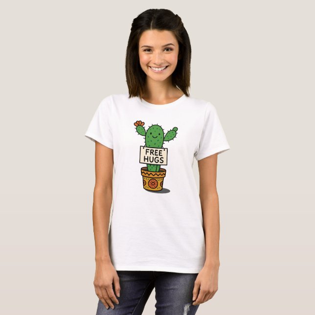 Camiseta Bonita Sorriso De Cactus Livre Abraços Engraçada A (Frente Completa)