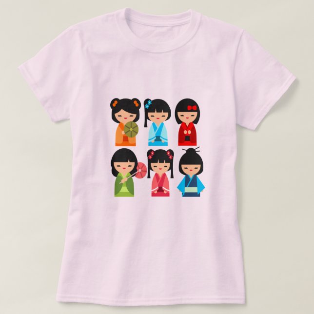 Camiseta Bonitas bonecas japonesas Kokeshi (Frente do Design)