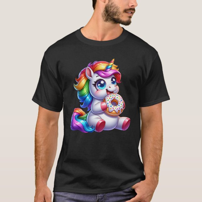 Camiseta Bonito Arco-Íris Unicórnio Comendo Rosquinha Engra (Frente)