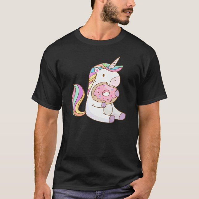 Camiseta Bonito Arco-Íris Unicórnio Comendo Rosquinha Para  (Frente)