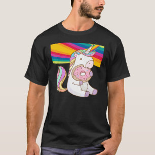 Camiseta Bonito Arco-Íris Unicórnio Comendo Rosquinha Para 
