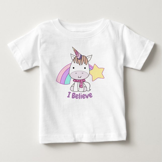 Camiseta Bonito Cartoon Bebê Unicórnio e Arco-íris (Frente)