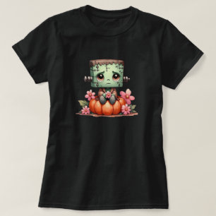 Camiseta Bonito Frankenstein Sentado em Pumpkin com Flores
