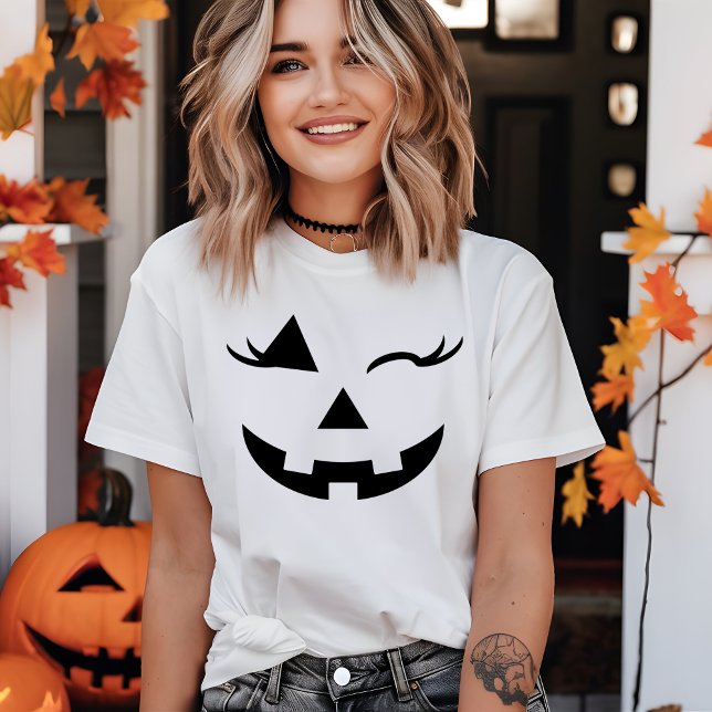 Camiseta Bonito Garota Jack O Lanterna Pumpkin Face Hallowe (Pretty Girly Jack O Lantern Pumpkin Face Halloween T-Shirt)