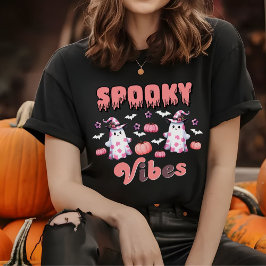 Camiseta Bonito Halloween Retro Spooky Vibes Fantasmas Rosa