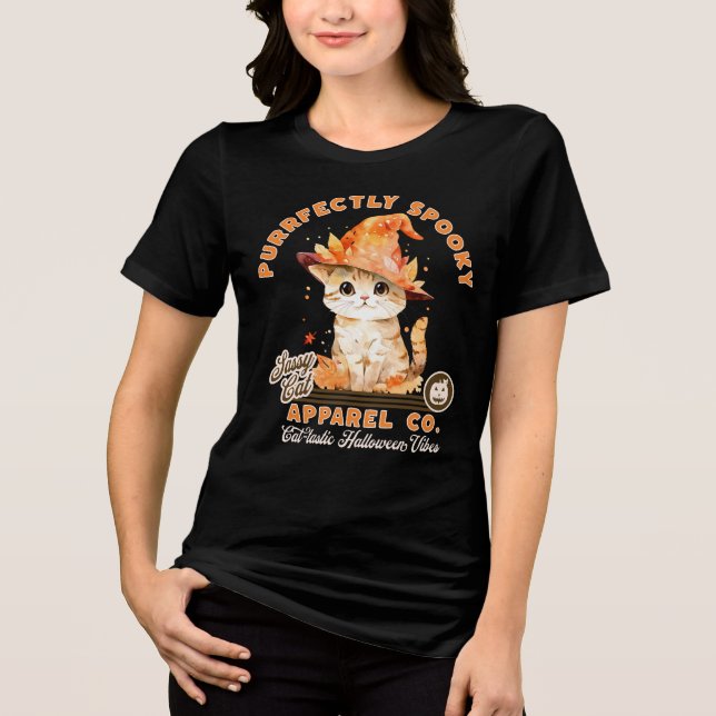 Camiseta Bonito Halloween Vibes Gatinho Bruxa Purrfect (Frente)
