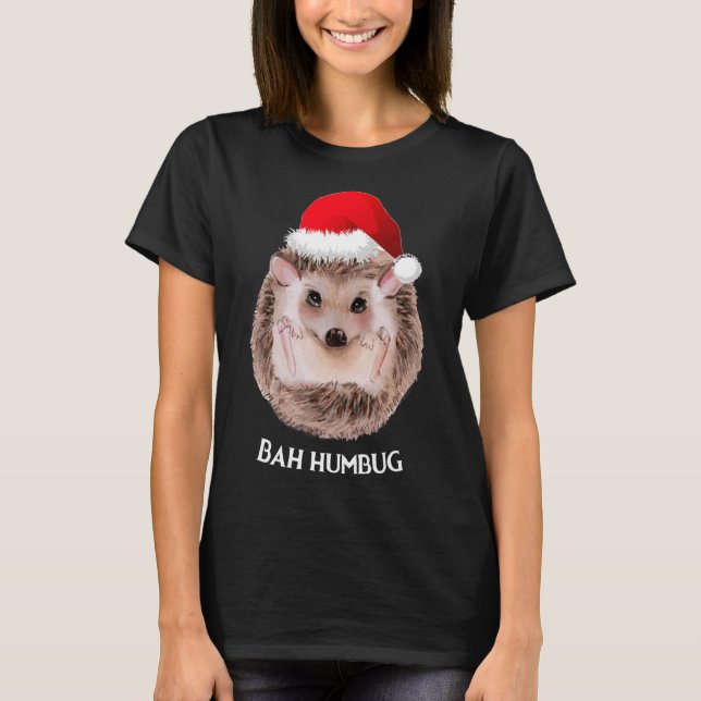 Camiseta Bonito Hedgehog Natal Santa Hat Bah Humbug (Frente)