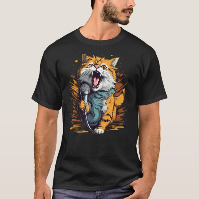 Camiseta Bonito Karaoke Cat com microfone para Singer e Son (Frente)