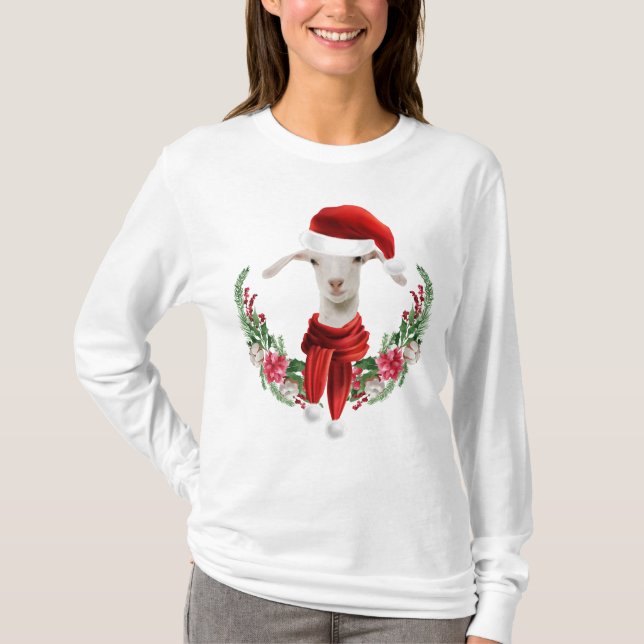 Camiseta Bonito Natal Saanen Goat Kid 2 com Wreath (Frente)