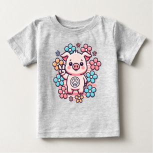 Camiseta Bonito Porco com Sinal de Paz e Flores Temidas de