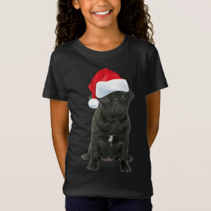 Camiseta Bonito Preto Pug Santa Hat Engraçado Combinação de