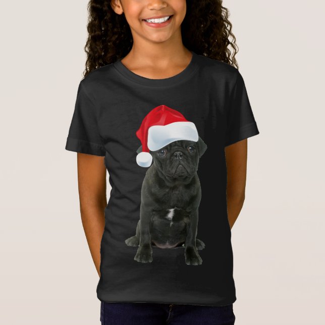Camiseta Bonito Preto Pug Santa Hat Engraçado Combinação de (Frente)