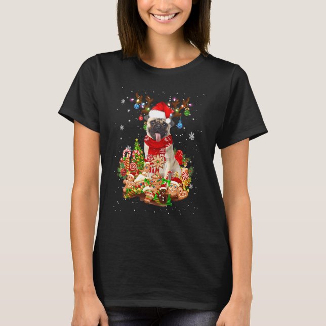 Camiseta Bonito Pug Reindet Papais noeis De Iluminação De N (Frente)
