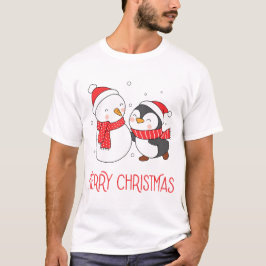 Camiseta Bonito Snowman e Pinguim Feliz Natal