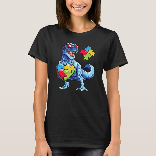 Camiseta Bonito T Rex Dinossaur Óculos Sunglass Autismo Con (Frente)