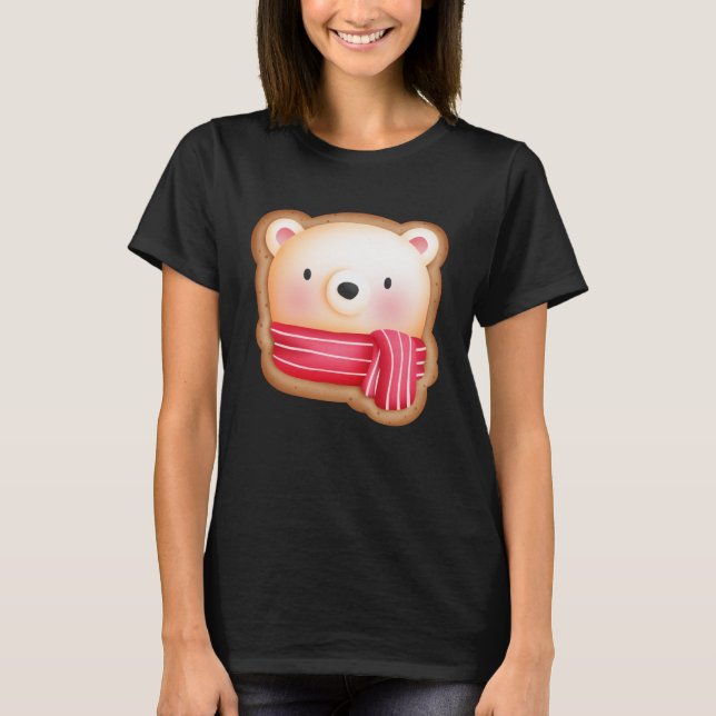 Camiseta Bonito Urso Rosto num Biscoito de Natal Vermelho (Frente)