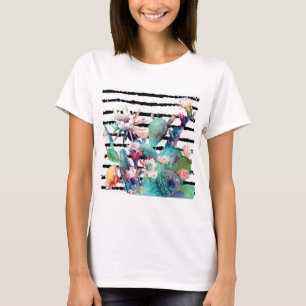 Camiseta Bonito Watercolor Cactus Floral Black Stripes