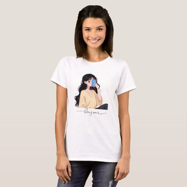Camiseta Bonjour Aesthetic Girl Selfie Illustration (Frente Completa)