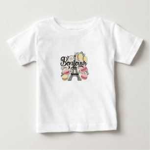 Camiseta "Bonjour" em uma fonte chic francesa, com a Torre