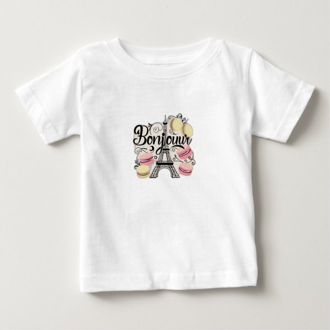 Camiseta "Bonjour" em uma fonte chic francesa, com a Torre  (Frente)