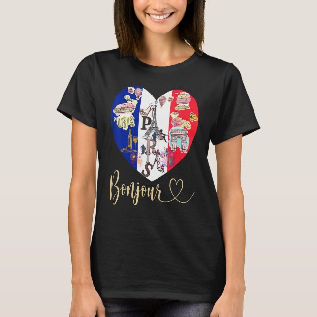 Camiseta Bonjour France I Love Paris Flag Heart Fren (Frente)