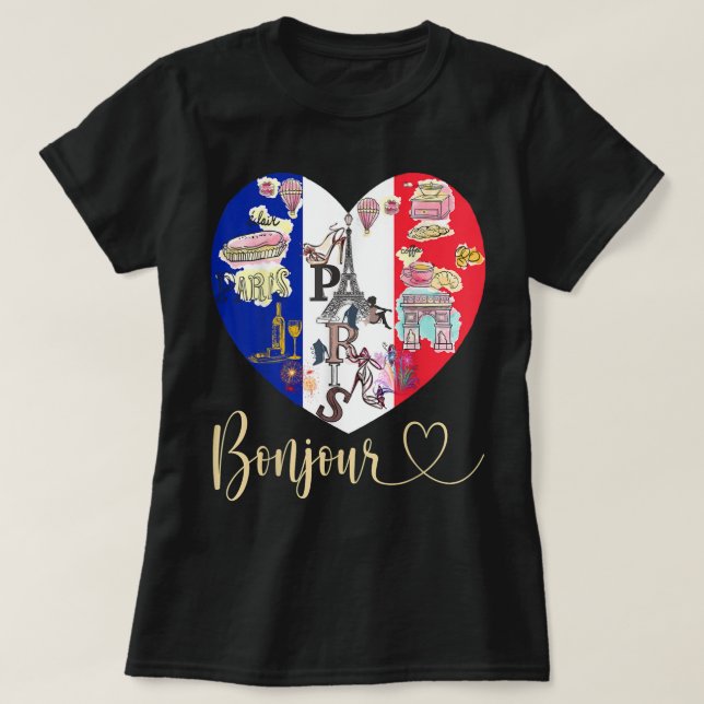 Camiseta Bonjour France I Love Paris Flag Heart Fren (Frente do Design)