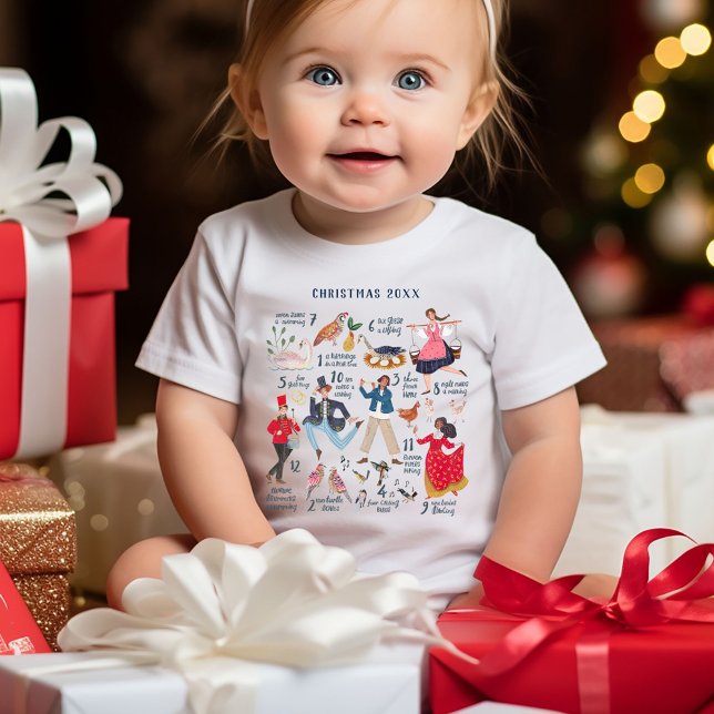 Camiseta Bons 12 dias de crianças clássicas de Natal (Christmas baby t-shirt custom year, 12 days of Christmas Illustration.)