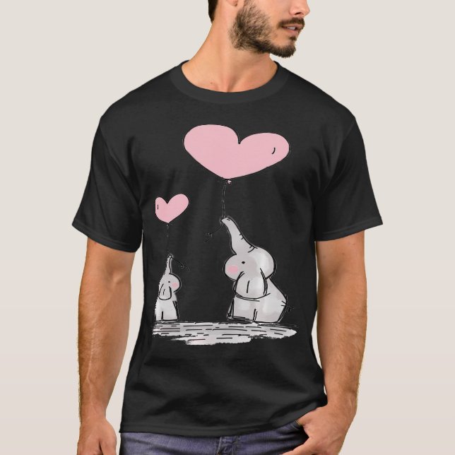 Camiseta Bons Balões de Coração Rosa, Elefante-Bebê-Mãe (Frente)